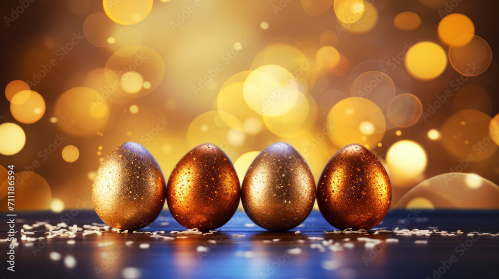 Fototapeta premium A row of glittering golden Easter eggs on a reflective surface with bokeh lights.