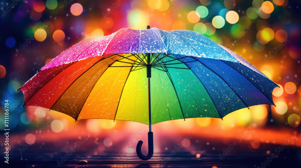 A rainbow-colored umbrella sprinkled with snowflakes and illuminated by colorful bokeh lights, blending seasons.