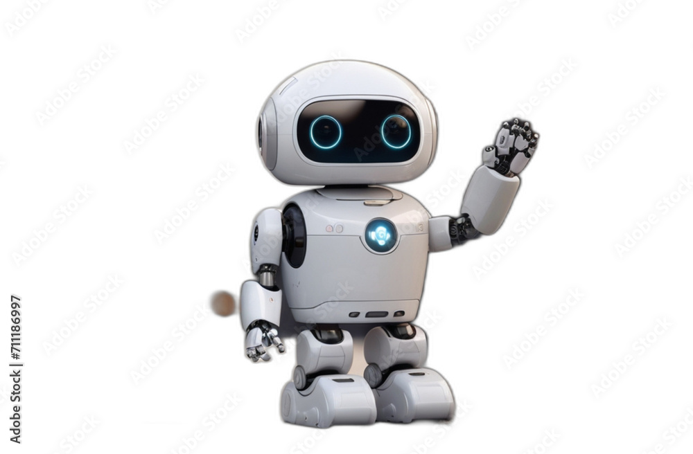 White cute robot raising hand to greet human on plain transparent background from Generative AI White cute robot raising hand to greet human on plain transparent background from Generative AI