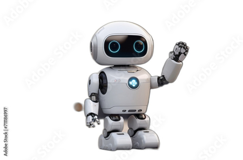 White cute robot raising hand to greet human on plain transparent background from Generative AI