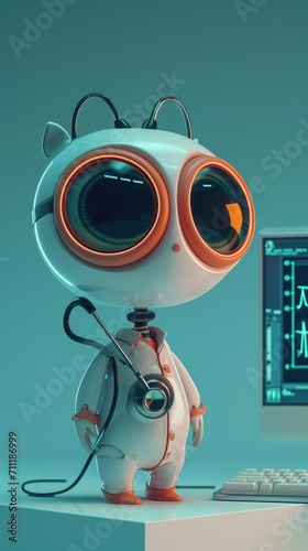 Cartoon digital avatar of Dr. HeartWatch, with a stethoscope around its neck and a computer screen displaying EKG readings. photo