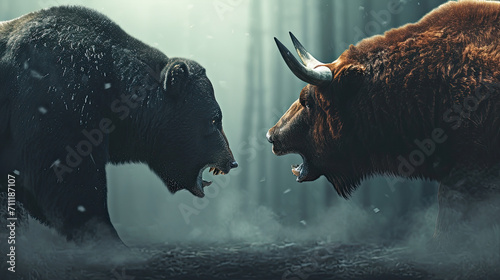 Brown bear vs bull, stock chart background, stock market concept
