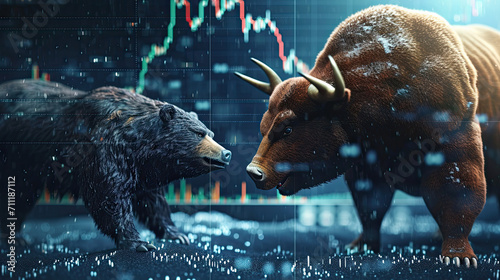 Brown bear vs bull, stock chart background, stock market concept photo