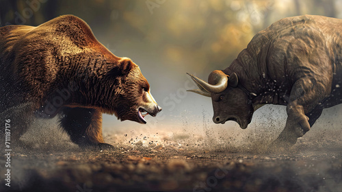Brown bear vs bull, stock chart background, stock market concept