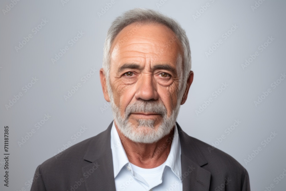 Portrait of a senior man with grey hair and beard. Isolated on grey background. Portrait of a senior man with grey hair and beard. Isolated on grey background.