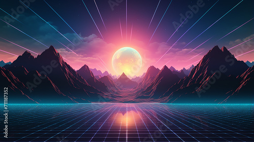 80s synthwave styled landscape with blue grid mountain