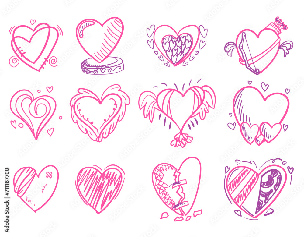 Different hand drawn hearts set Different style of hearts isolated on white background. Doodle hearts sketch set. Various different hand drawn heart icon love collection.