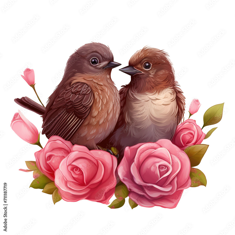 Two Birds on a Branch with Roses. AI generated image