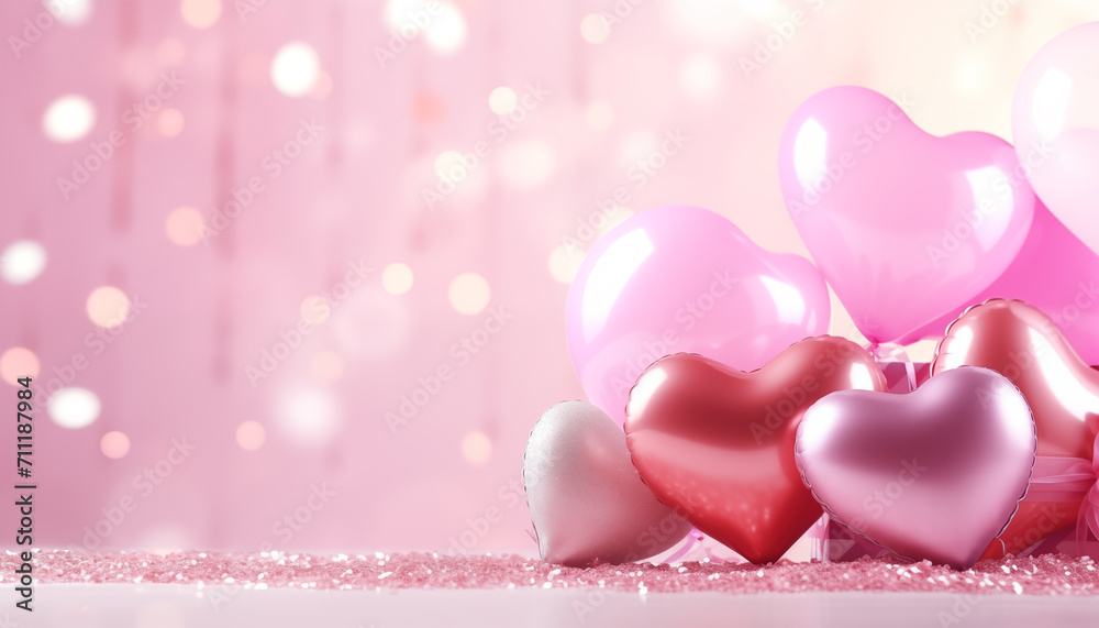 Valentine's day in a pink decoration background with balloon and gift box.