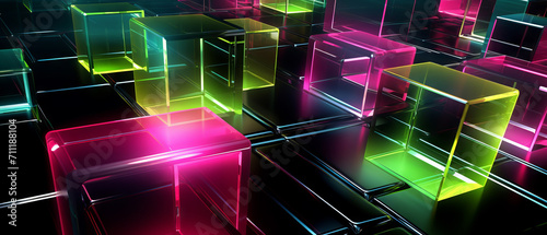 Luminous Neon Cubes in Dark Space