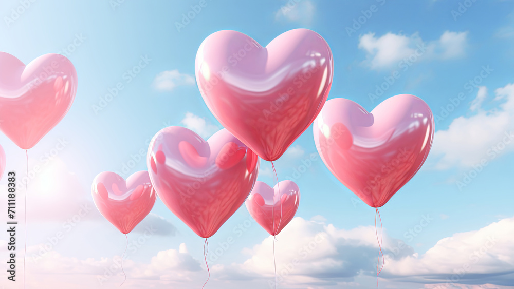 Pink heart shaped balloons floating in the sky. Valentine's day concept. 3D Rendering.