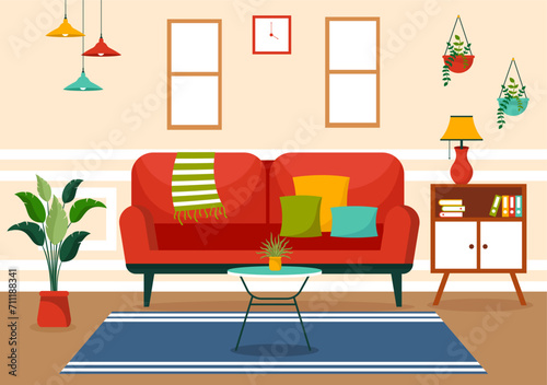 Home Decor Vector Illustration with Living Room Interior and Furniture such as Comfortable Sofa  Window  Chair  House Plants and Accessories