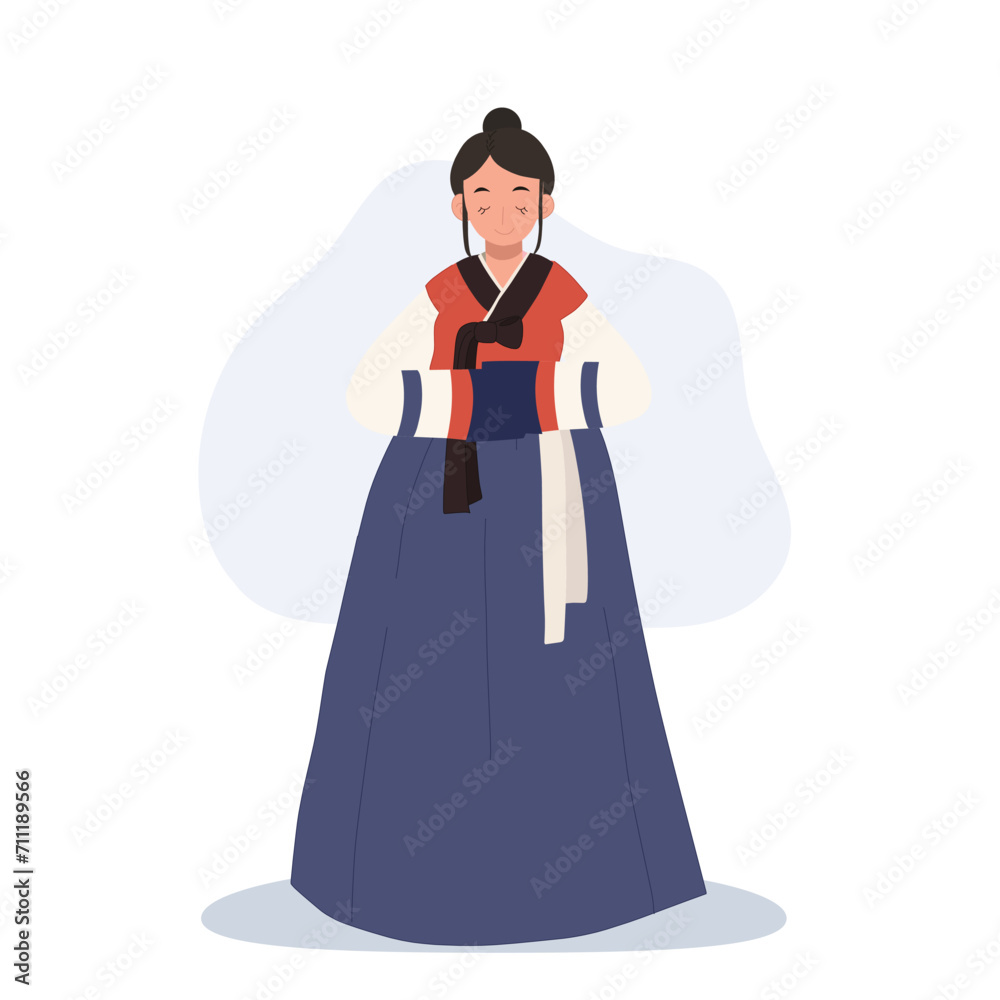 Joyful Hanbok Greeting. Smiling Asian Woman in Korean Hanbok  Saluting with Joy and polite