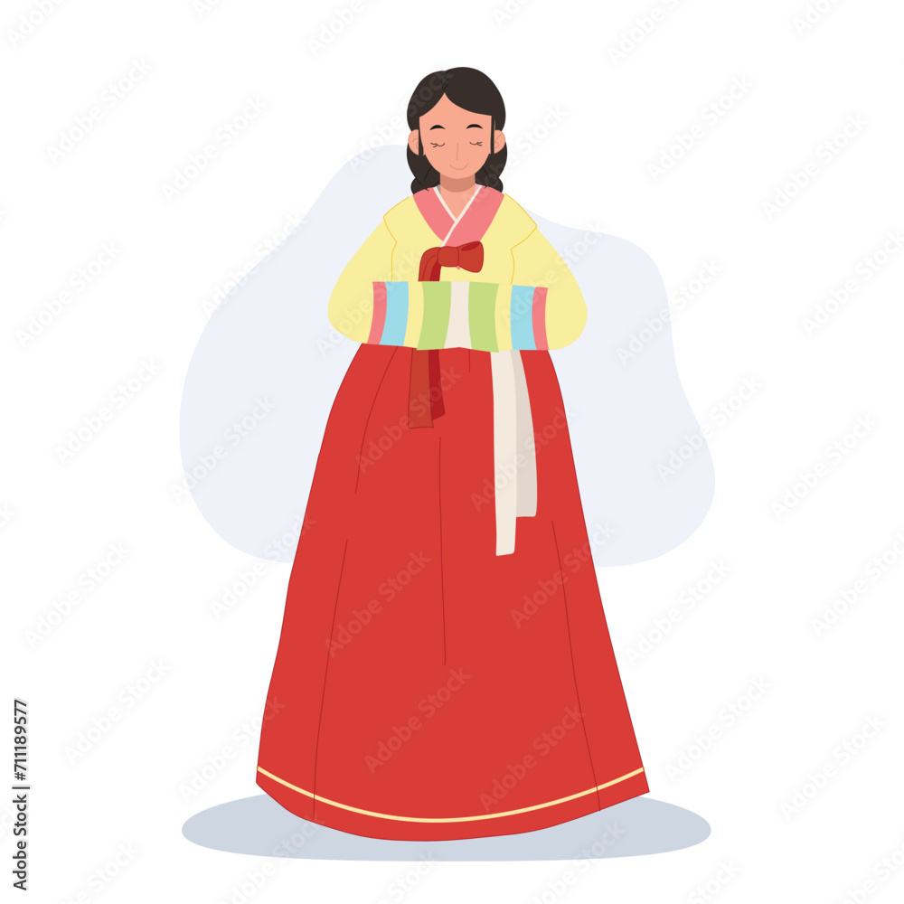 Joyful Hanbok Greeting. Smiling Asian Woman in Korean Hanbok  Saluting with Joy and polite