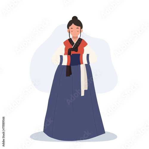 Joyful Hanbok Greeting. Smiling Asian Woman in Korean Hanbok Saluting with Joy and polite