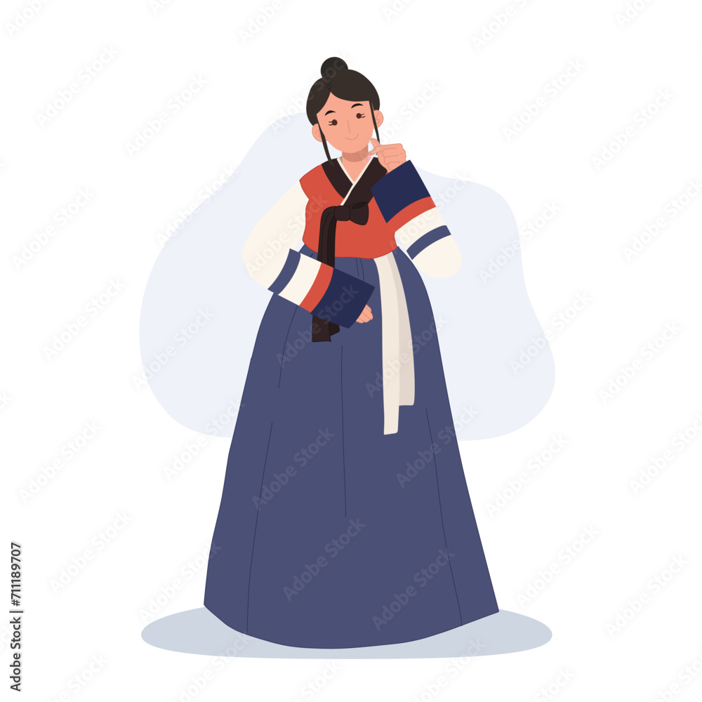 Smiling Woman in Traditional Korean Costume ' Hanbok' with Mini Heart hand Pose