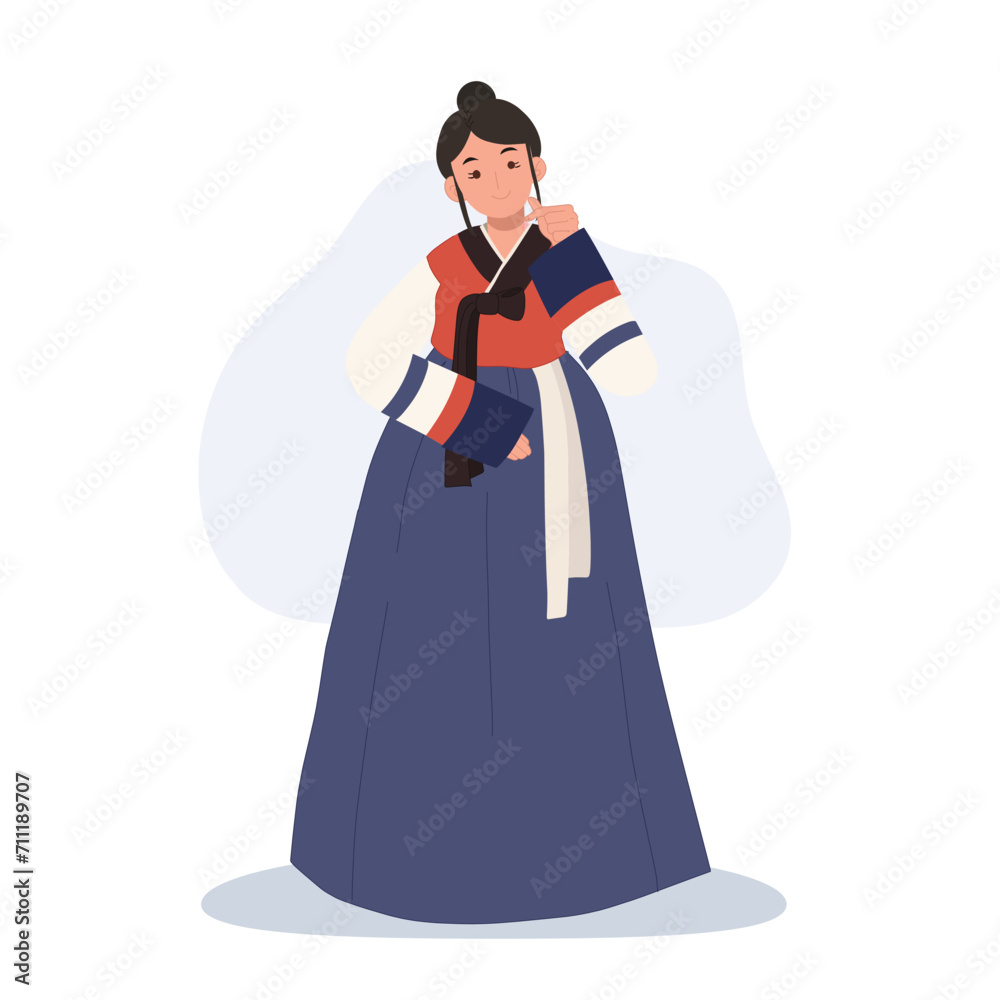 Smiling Woman in Traditional Korean Costume ' Hanbok' with Mini Heart hand Pose Smiling Woman in Traditional Korean Costume ' Hanbok' with Mini Heart hand Pose