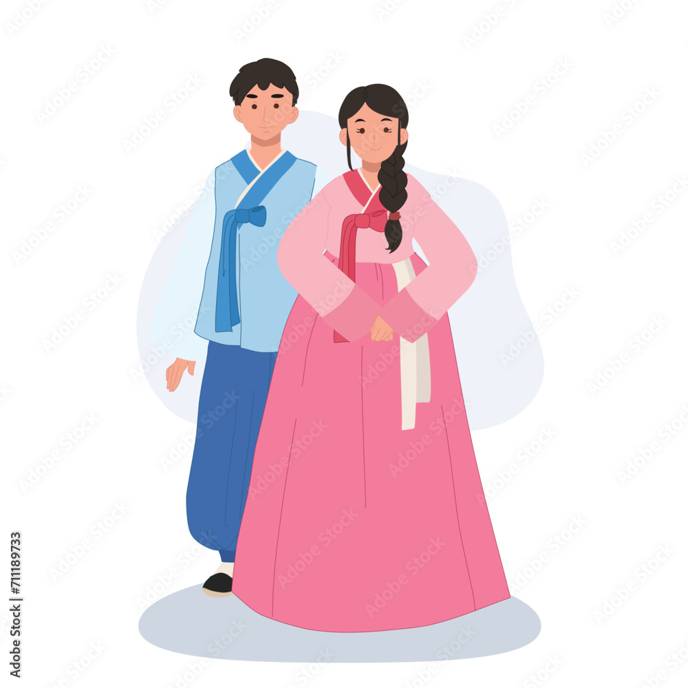 Smiling Couple in Modern Hanbok for Festive Occasion. Man and woman smiling in korean suit for holiday or event. Smiling Couple in Modern Hanbok for Festive Occasion. Man and woman smiling in korean suit for holiday or event.
