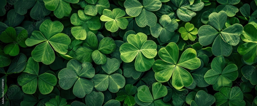 St. Patrick's Day Symbol Green Shamrocks and Four-Leaf Clover in Nature St. Patrick's Day Symbol Green Shamrocks and Four-Leaf Clover in Nature