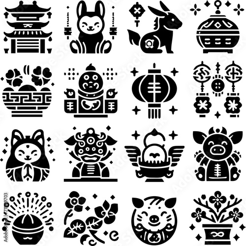 Chinese New Year glyph icon set. Lunar zodiac sign collection. Simple black symbol on white background. Vector illustration.
