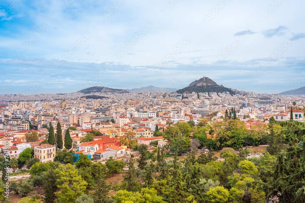 The beautiful city of Athens, Greece from the top of a mountain
