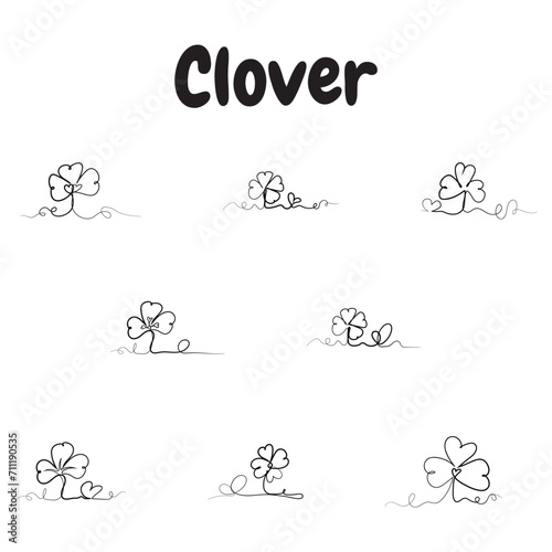 Hand drawn clover and heart. Continuous linear drawing of clover leaves. One line drawing background. Vector illustration. Linear drawing image of saint patrick clover leaf. 手描きのクローバーとハート。