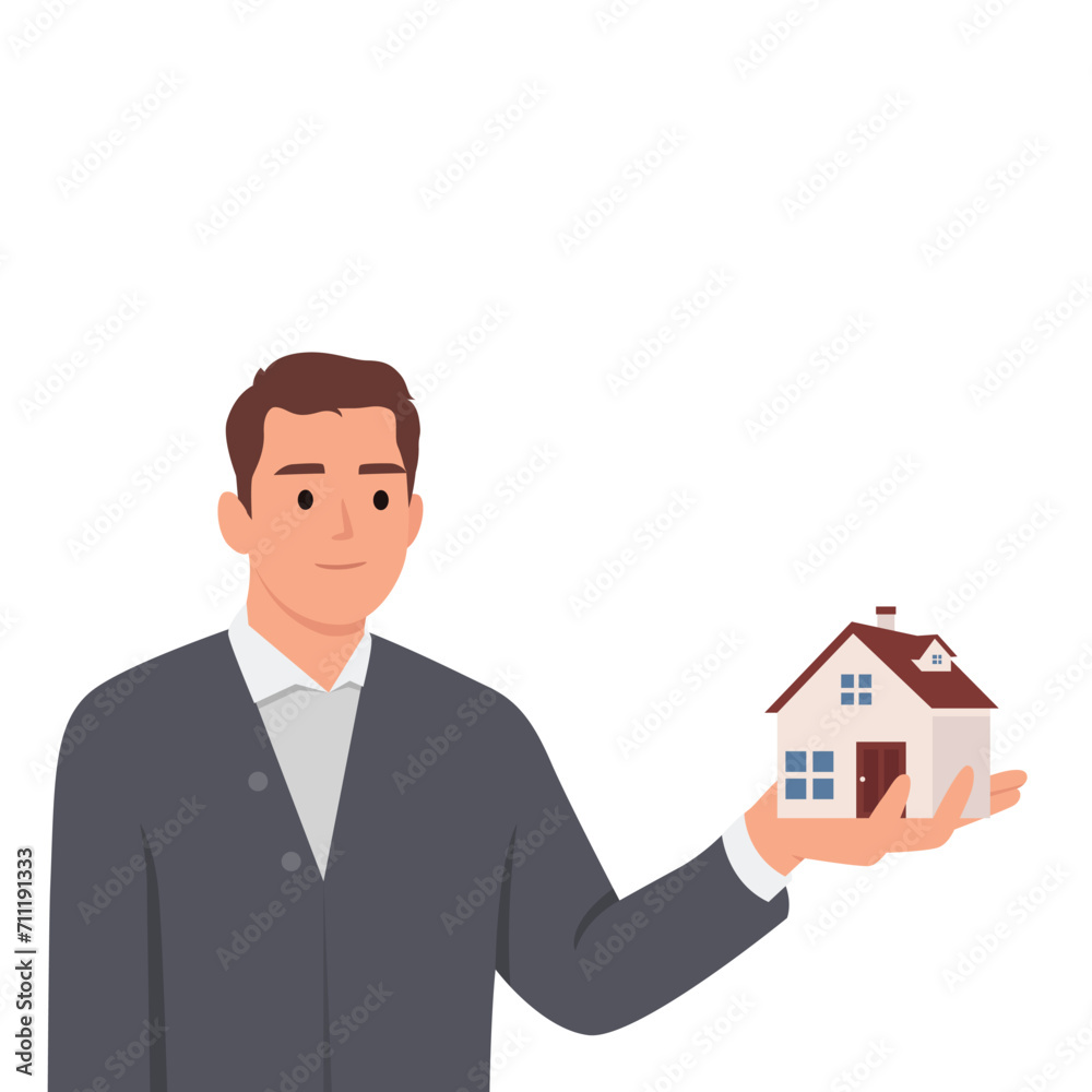 Young man holding house thinking of mortgage or loan. Confused male with home maquette frustrated with housing rent or purchase. Real estate agent. Flat vector illustration isolated on white Young man holding house thinking of mortgage or loan. Confused male with home maquette frustrated with housing rent or purchase. Real estate agent. Flat vector illustration isolated on white