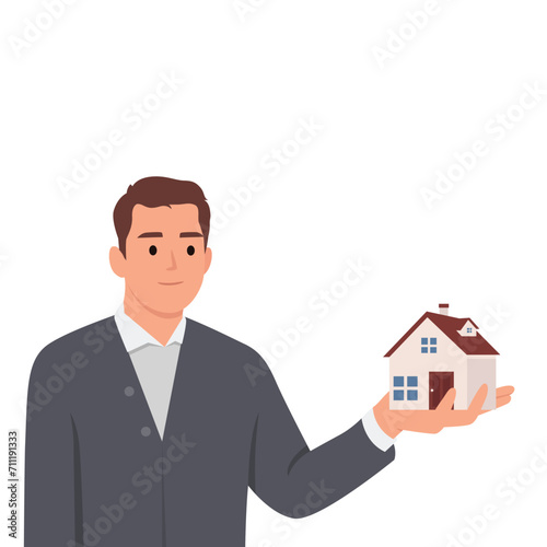 Young man holding house thinking of mortgage or loan. Confused male with home maquette frustrated with housing rent or purchase. Real estate agent. Flat vector illustration isolated on white  © lioputra