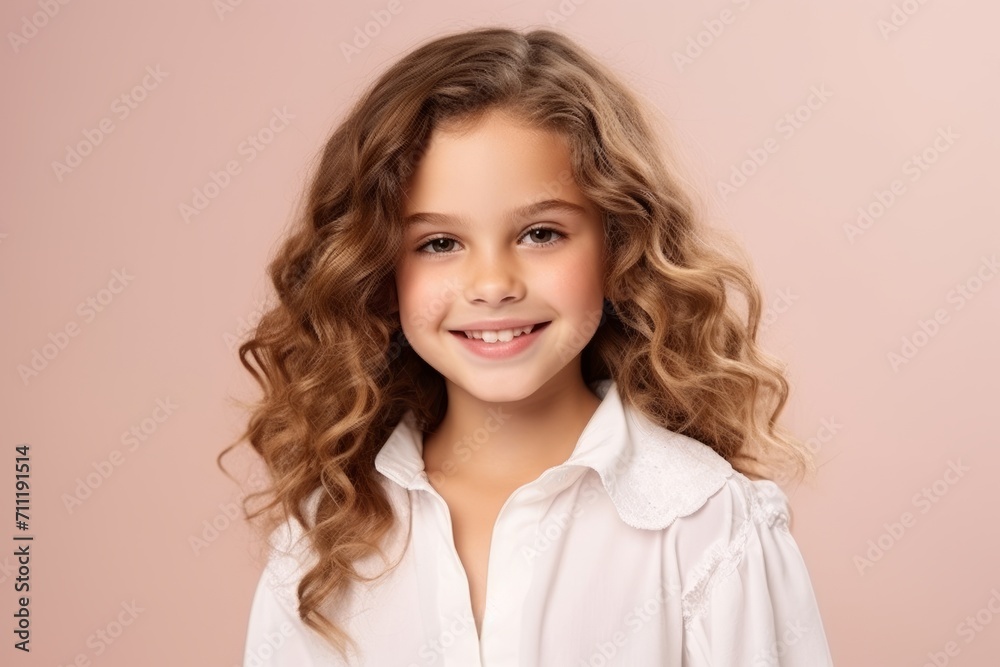 Portrait of a cute smiling little girl with long curly hair over pink background Portrait of a cute smiling little girl with long curly hair over pink background