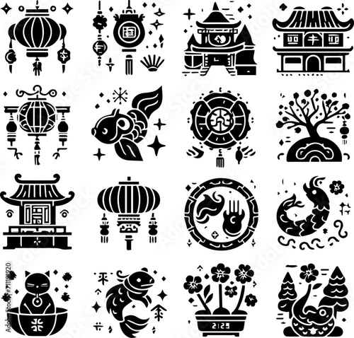 Chinese New Year icons set, simple style. Vector illustration of Chinese New Year symbols.