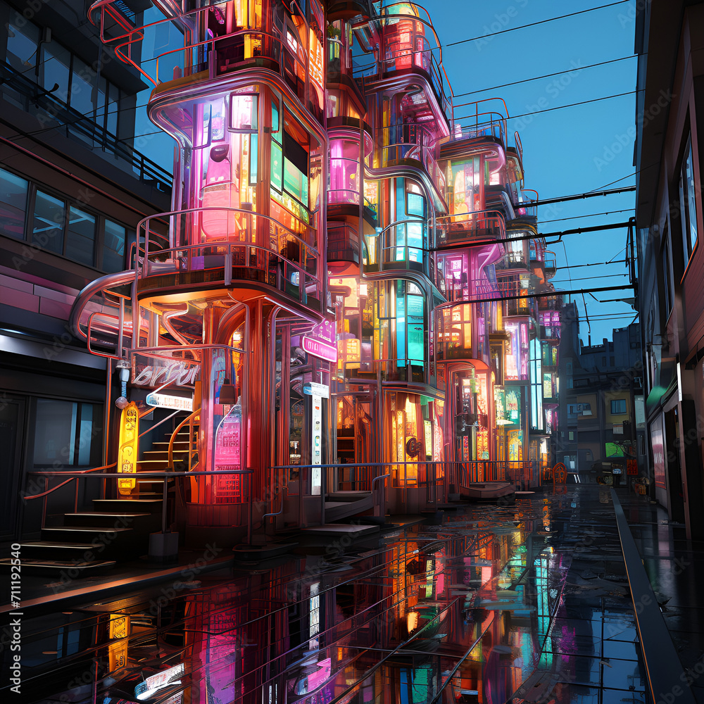 buildings with neon tubes throughout the inside and outside Ai generative 