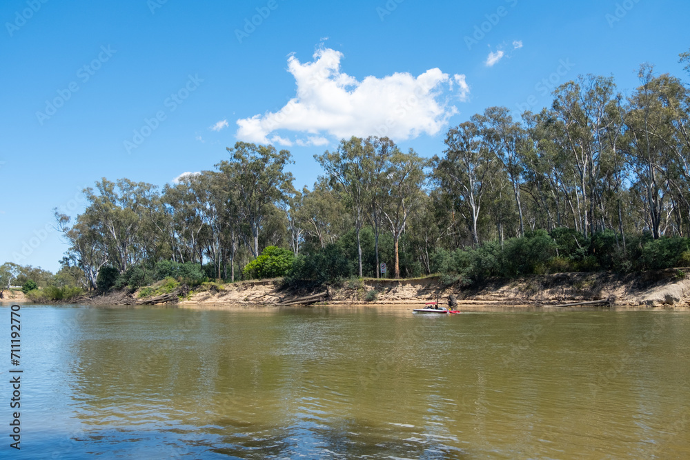 Murray River near Cobram, bordered by a sandy bank and a dense eucalyptus gum tree forest. Australian inland nature landscape. A small motorboat with a tourist can be seen enjoying the water sport.