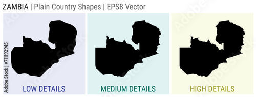 Zambia - plain country shapes. Low, medium, and high detailed maps of Zambia. EPS8 Vector illustration.