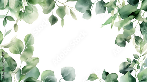 ユーカリの葉っぱの水彩イラストのナチュラルなフレーム、真ん中に余白 photo