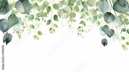 ユーカリの葉っぱが上から垂れている水彩イラストのナチュラルなフレーム、下部が余白 photo