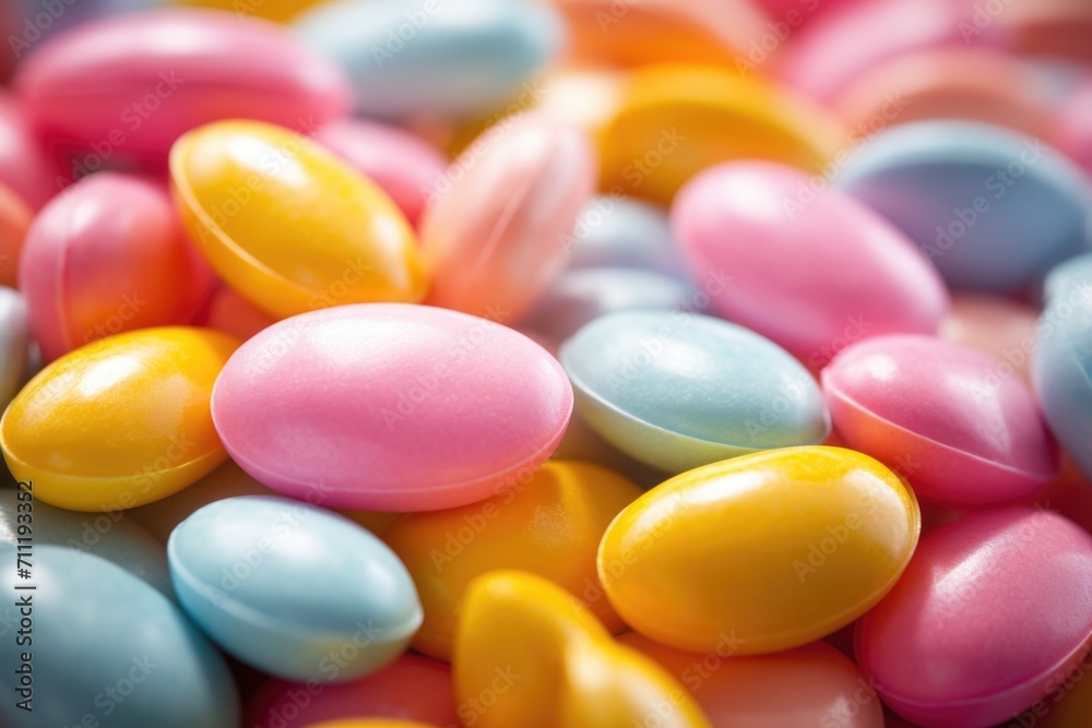 Sweet and tangy flavors merge harmoniously in these delectable fruity lozenges, shaped like Easter eggs, featuring a dainty sugar glaze that adds a slight glossiness to their surface. Sweet and tangy flavors merge harmoniously in these delectable fruity lozenges, shaped like Easter eggs, featuring a dainty sugar glaze that adds a slight glossiness to their surface.