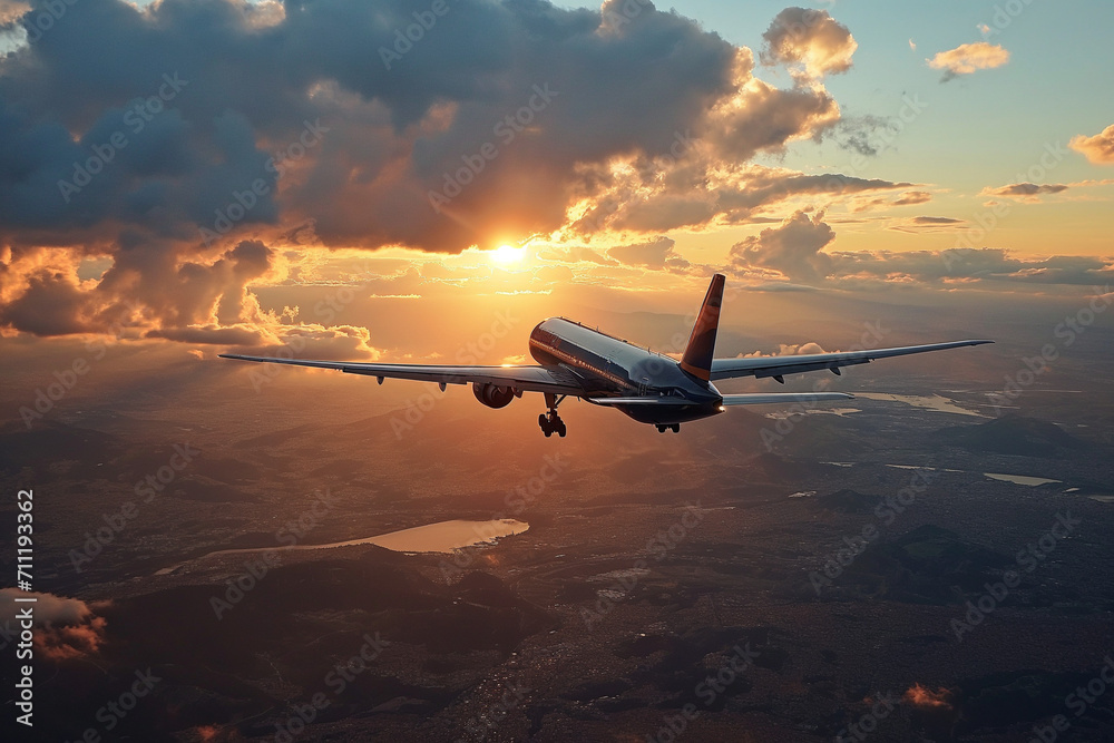 Commercial airplane flying above a European city, aerial view, travel Europe, relocation Commercial airplane flying above a European city, aerial view, travel Europe, relocation