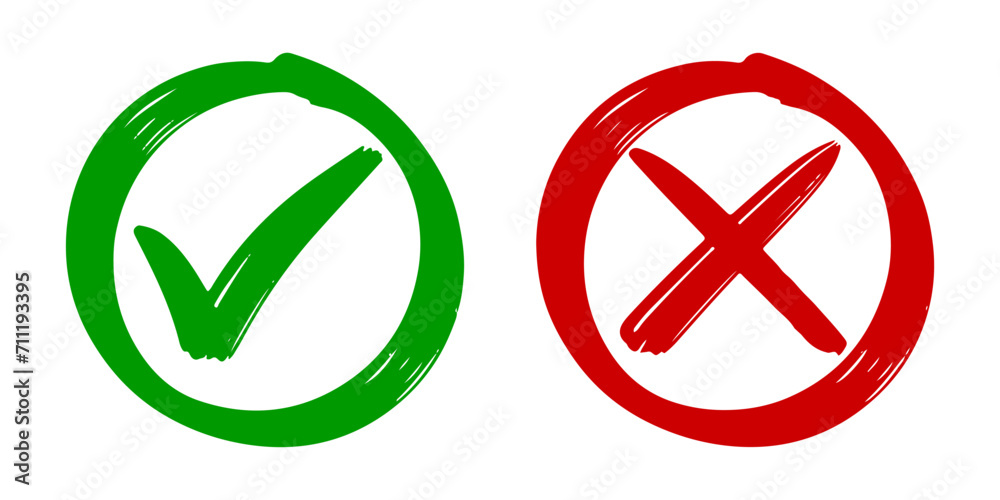 Hand drawn of Green check mark and Red cross isolated. Right and wrong icon. Vector illustration. Hand drawn of Green check mark and Red cross isolated. Right and wrong icon. Vector illustration.