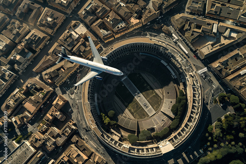 Airplane flying above the Colosseum in Rome  Italy  aerial top down view  travel Europe  relocation