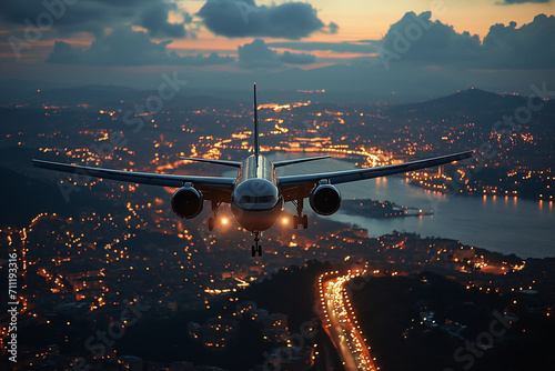 Commercial airplane flying above a European city, aerial view, travel Europe, relocation photo