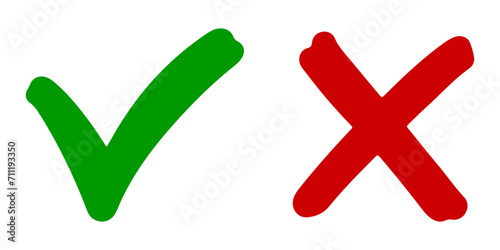 Hand drawn of Green check mark and Red cross isolated. Right and wrong icon. Vector illustration. photo