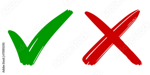 Hand drawn of Green check mark and Red cross isolated. Right and wrong icon. Vector illustration.