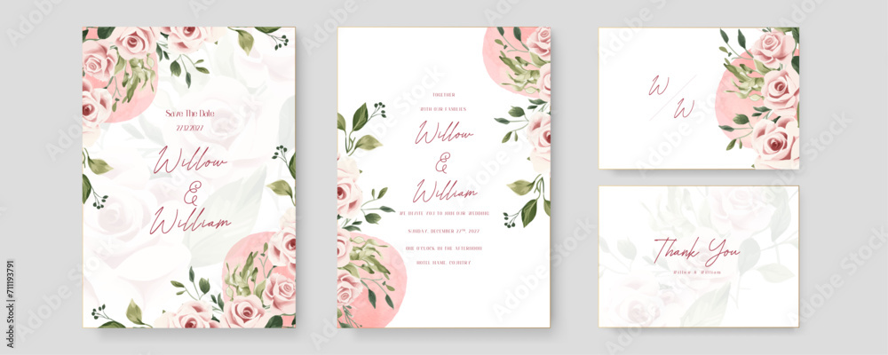 Pink rose floral wedding invitation card template set with flowers frame decoration