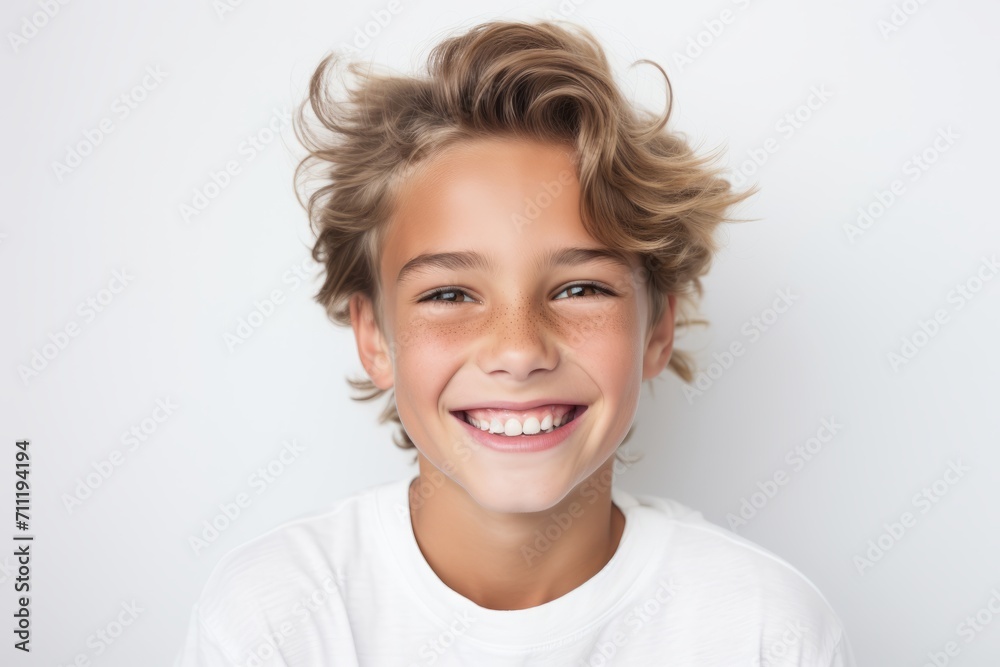 Closeup portrait of a cute little boy with blond hair on a white background Closeup portrait of a cute little boy with blond hair on a white background