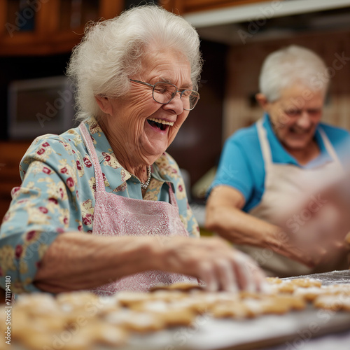 Happy elderly woman baking cookies with her friend at home. Senior people doing hobby and activity.
