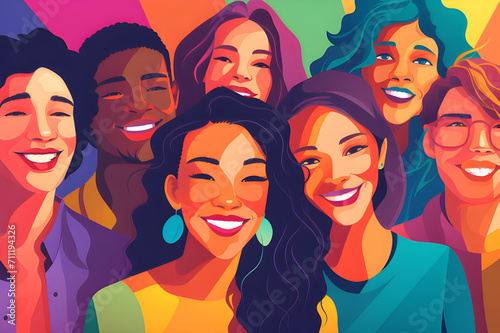 Vibrant unity: Multicultural joy in vector art—radiant diversity and happiness celebration.
