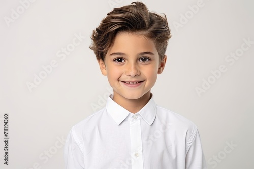 Portrait of a cute little boy in a white shirt on a gray background