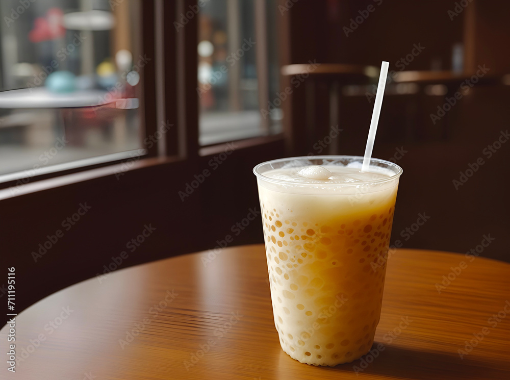 A glass of bubble tea on a table in a cafe with street view A glass of bubble tea on a table in a cafe with street view