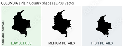 Colombia - plain country shape. Low, medium, and high detailed maps of Colombia. EPS8 Vector illustration.