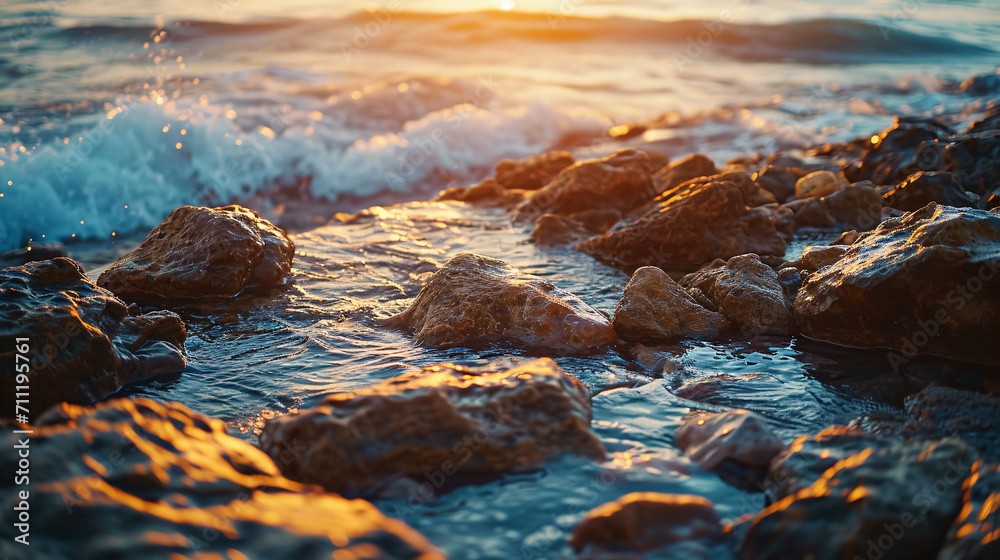 Waves crashing against the rocks sunset on the beach.